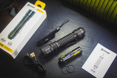 SPERAS EST30 complete tactical EDC kit displaying the included high capacity 18650 3800mAh battery hidden Type-C charging cable and retail packaging