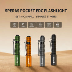SPERAS EST MIC pocket EDC flashlight color collection. A compact Type-C rechargeable flashlight featuring 700 lumens, 138m throw, and IP68 waterproof rating.