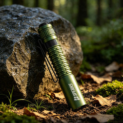 Green SPERAS EST MIC compact EDC flashlight resting on a rock, built for rugged outdoor everyday carry and hiking.