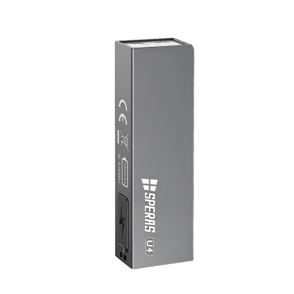 SPERAS U4 grey pocket flashlight side view showing USB-C charging port and brand logo