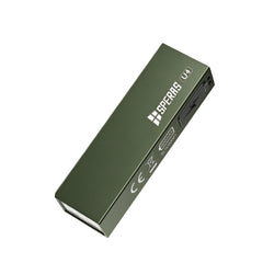 Back view of SPERAS U4 green keychain flashlight showing USB-C charging port cover and 200mAh battery label