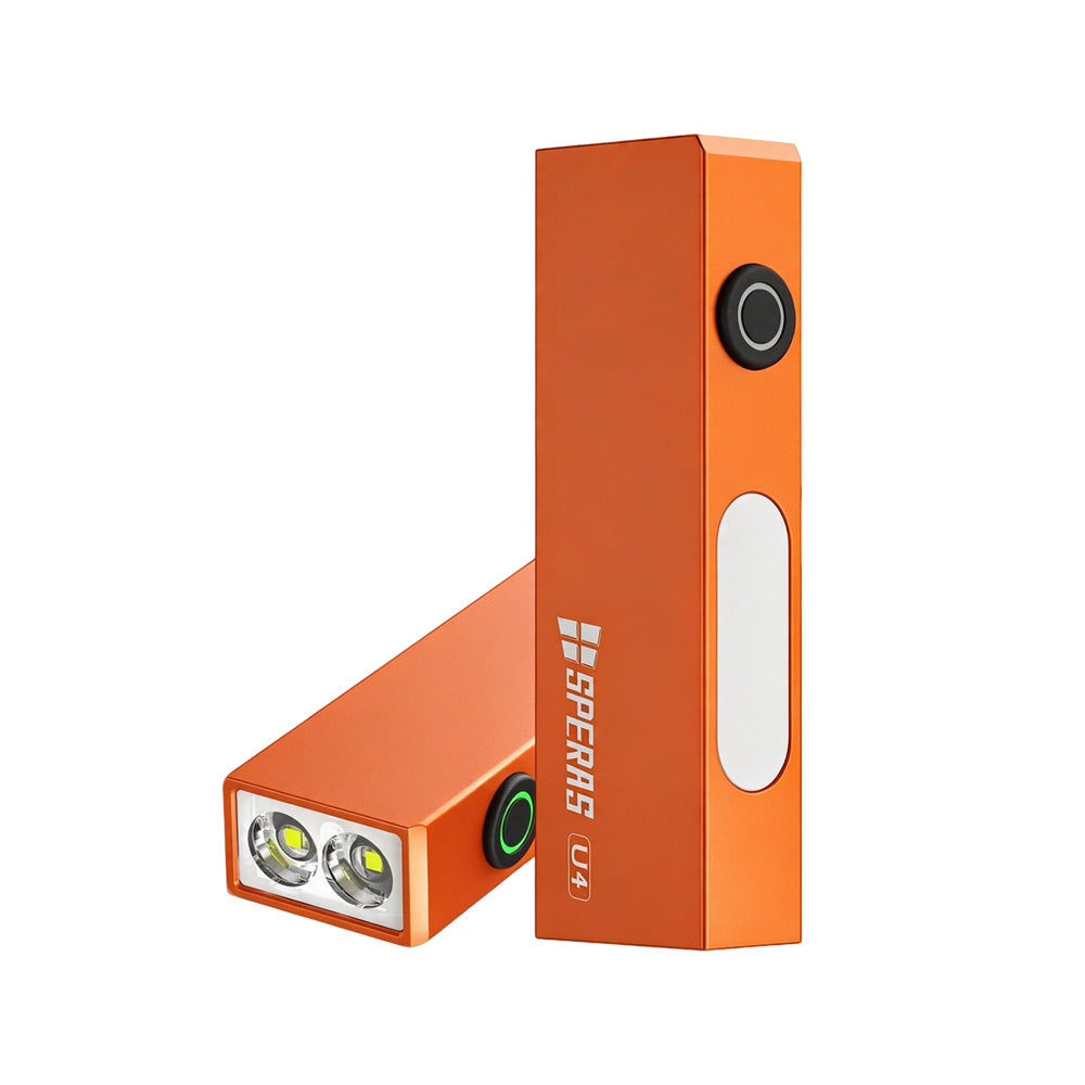 SPERAS U4 orange mini EDC flashlights featuring dual light sources and battery indicator ring