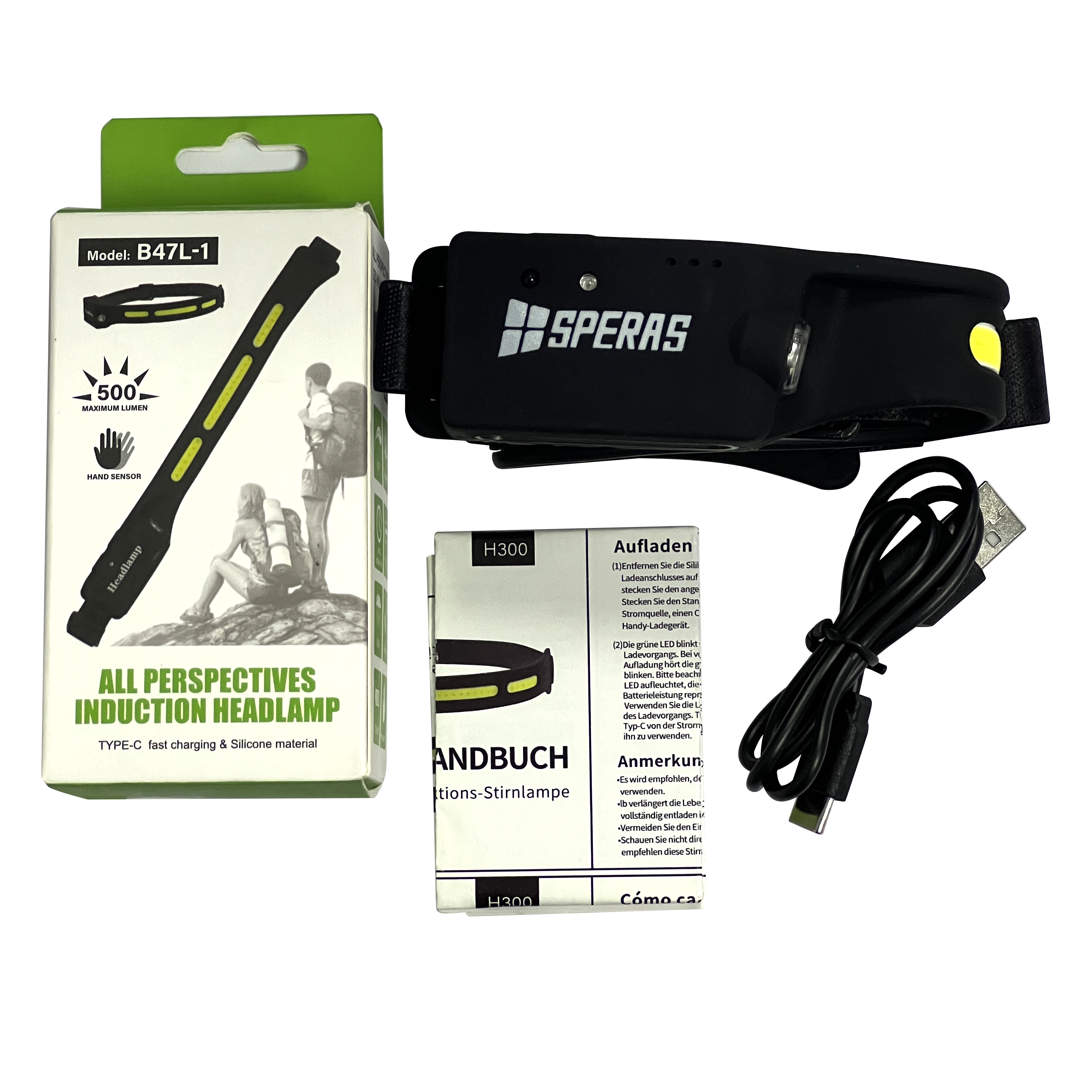 SPERAS B47L-1 motion sensor headlamp complete package contents with box, USB-C cable, and manual