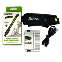 SPERAS B47L-1 motion sensor headlamp complete package contents with box, USB-C cable, and manual