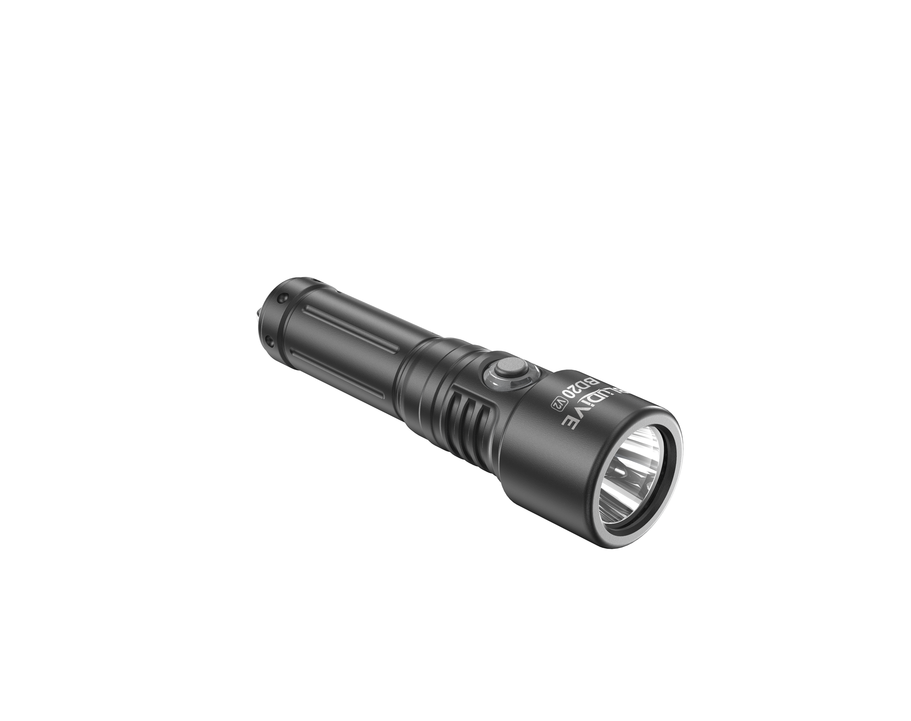 BLUDIVE BD20 V2 1800LM Underwater Flashlight front angled view showing the SMO reflector and tight 5-degree spot beam lens