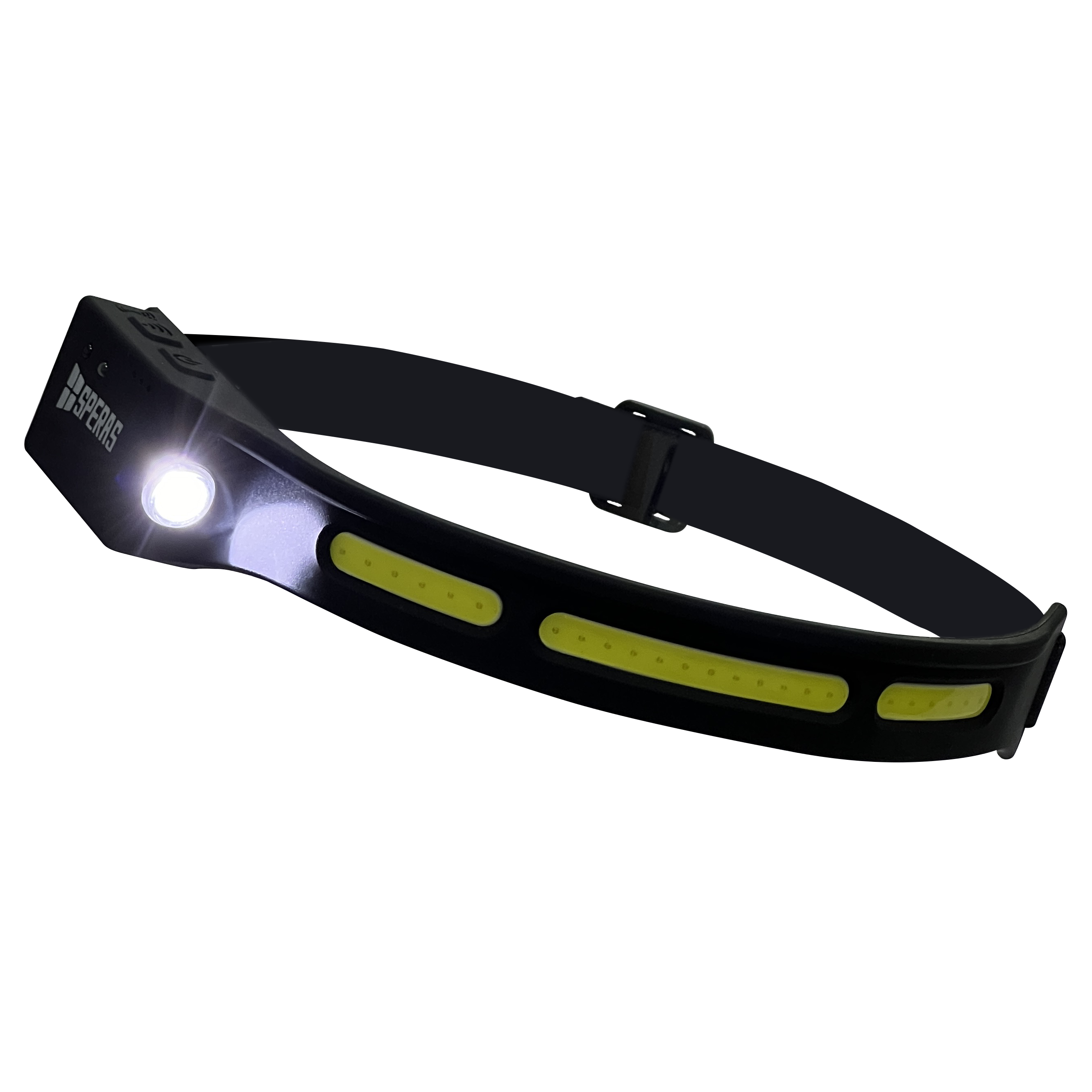 SPERAS B47L-1 pure white hands-free headlamp showing ultra-bright COB strip illumination