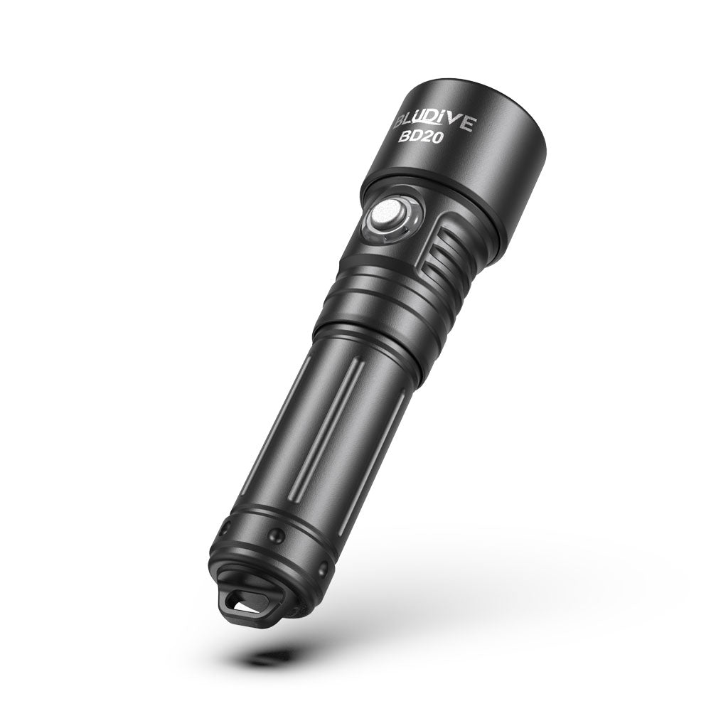 Bludive BD20 1200lm compact dive light featuring stainless steel side switch with battery indicator
