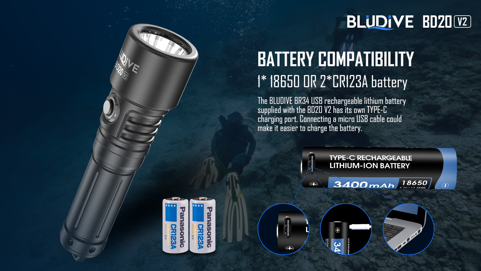 BLUDIVE BD20 V2 Dual Power Source and Type-C Rechargeable Battery