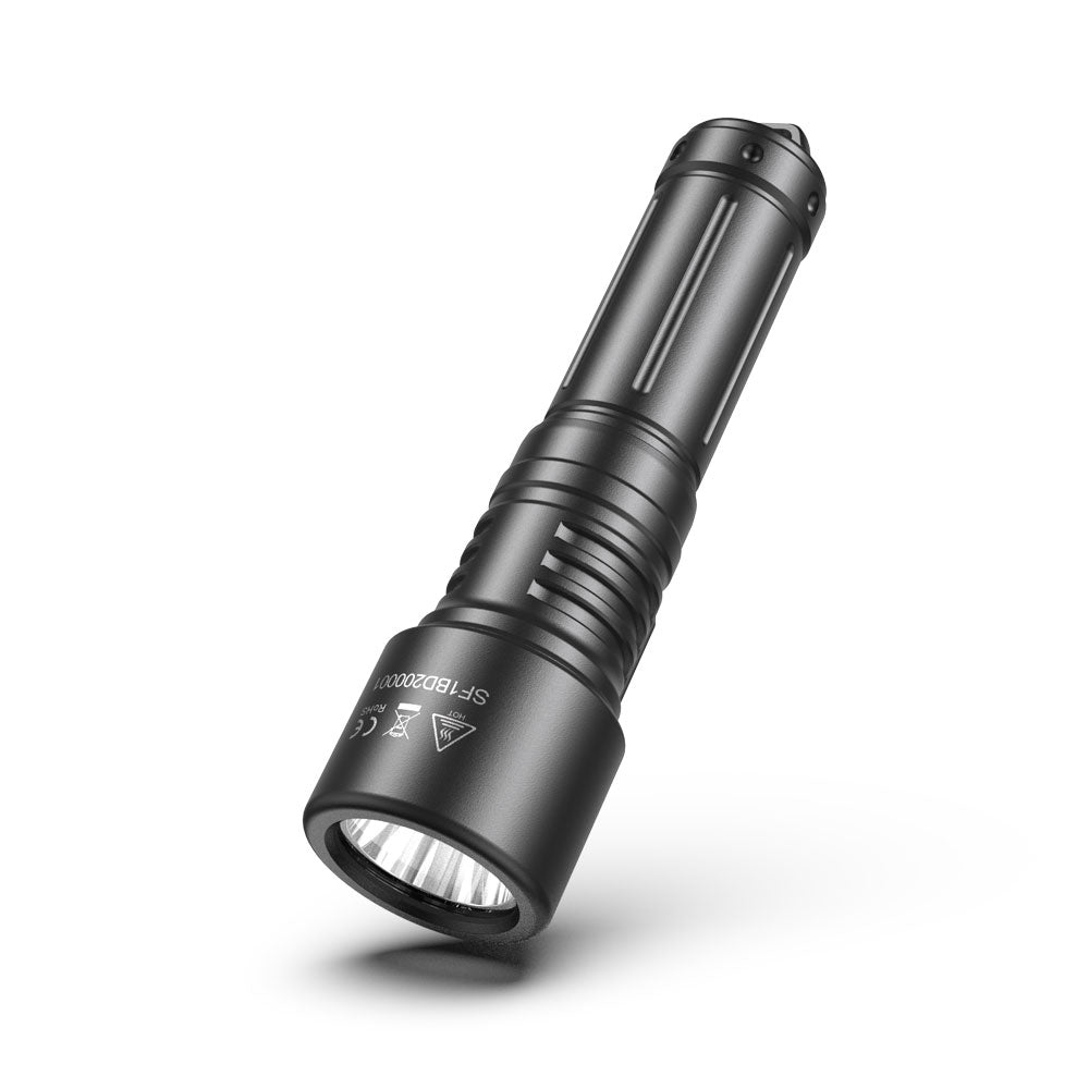 Bludive BD20 dive flashlight head showing AR coated lens and SMO reflector for 7 degree spot beam