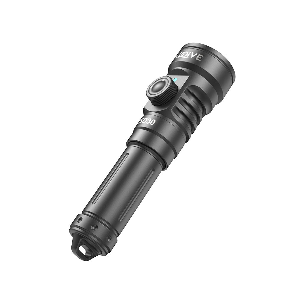 Side angle of BLUDIVE BD30 IP68 waterproof dive flashlight built with aircraft-grade aluminum