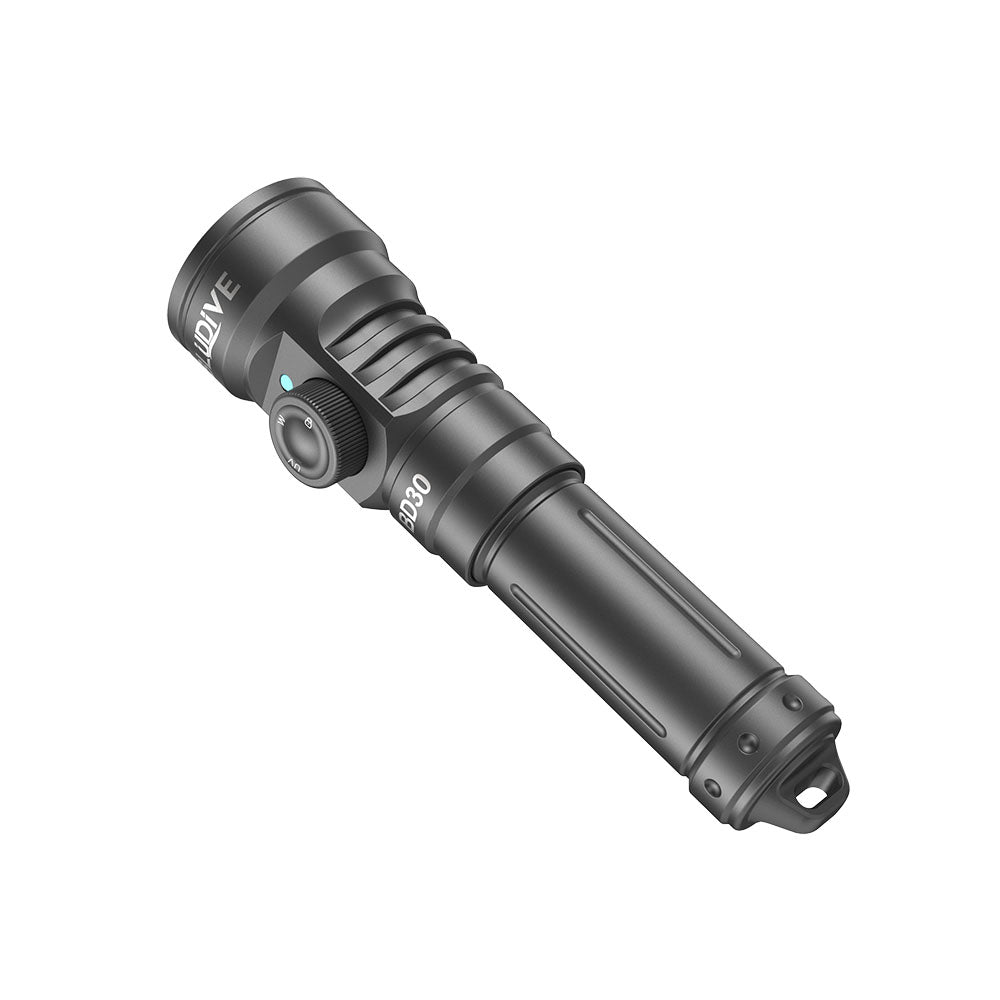 Tailcap and lanyard hole view of BLUDIVE BD30 powered by 5000mAh 21700 bipolar battery