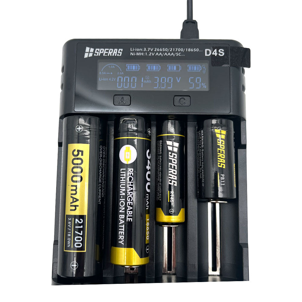 SPERAS D4S charger simultaneously charging four different Li-ion batteries including 21700 and 18650 sizes