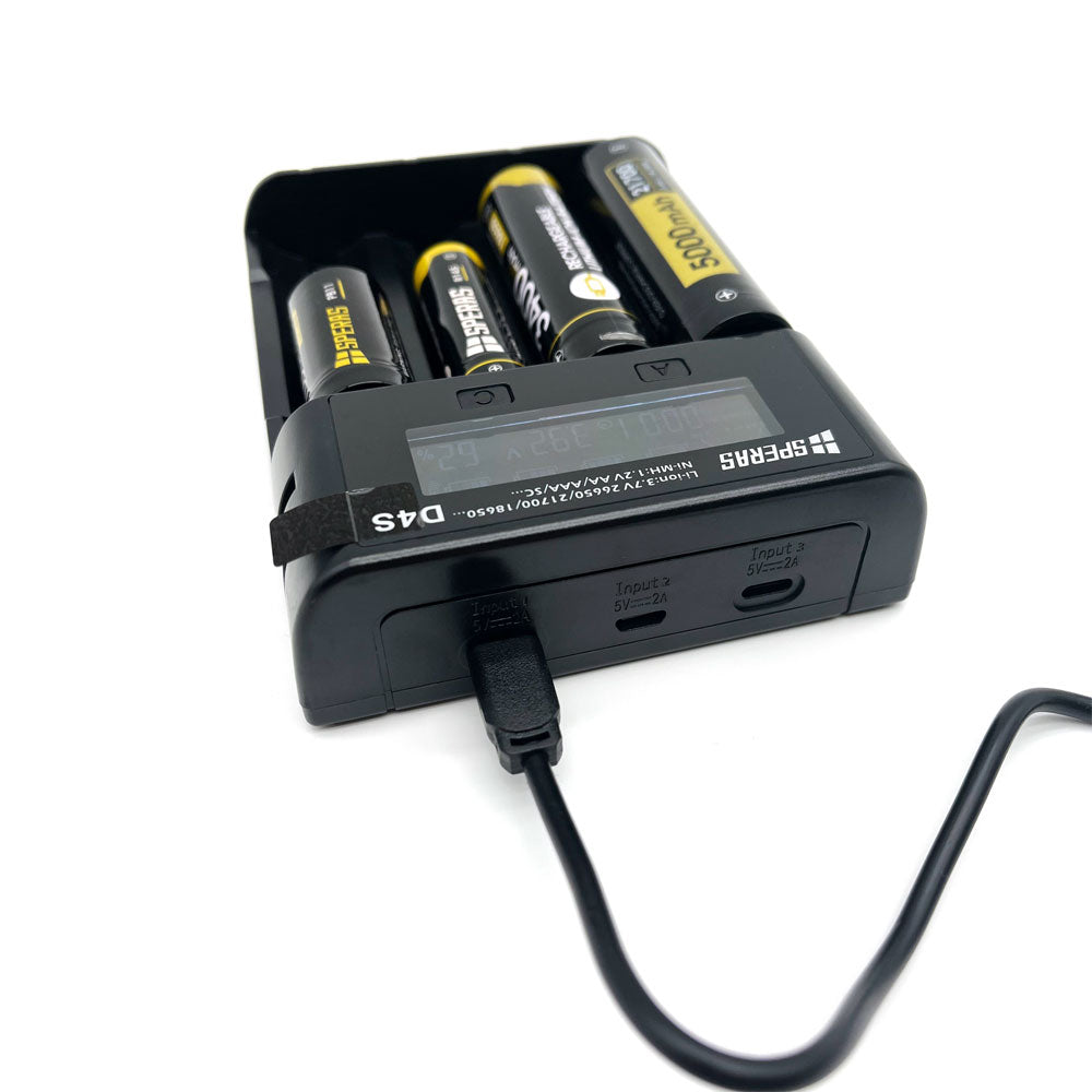 Angled view of the SPERAS D4S smart charger highlighting the 5V 2A USB-C input port connection