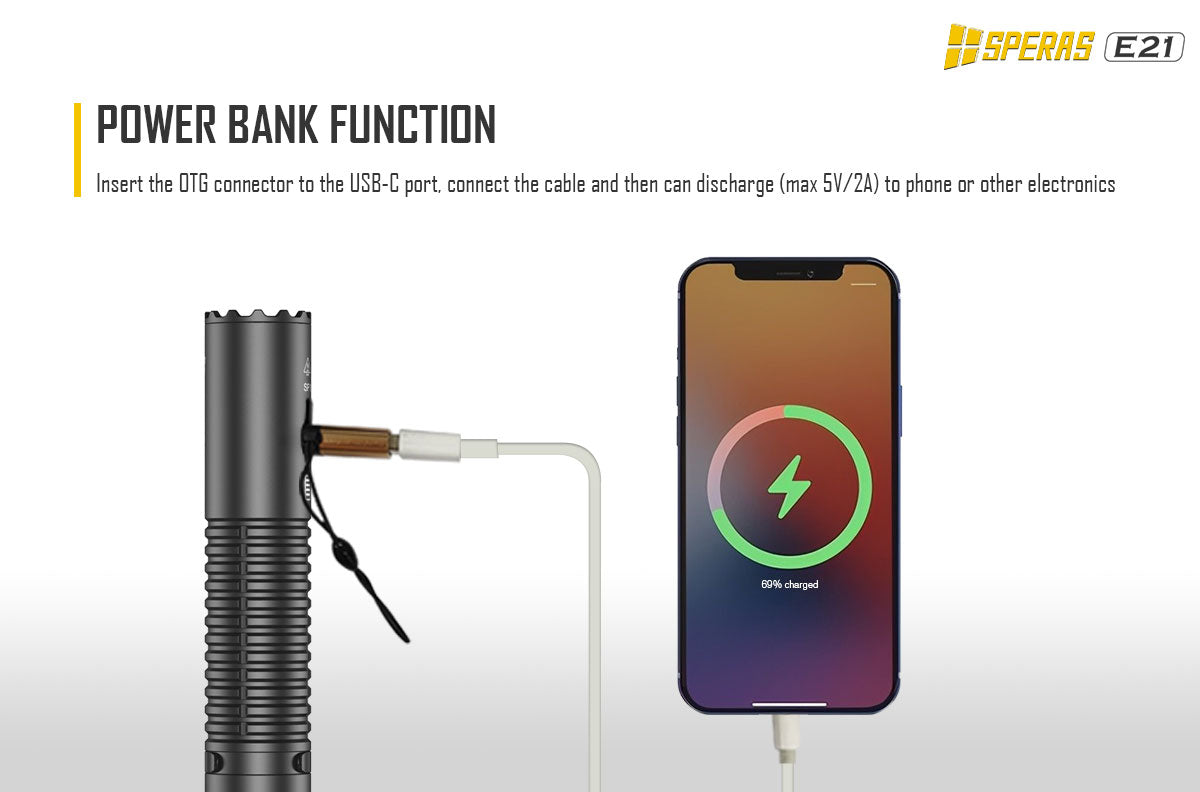 SPERAS E21 21700 flashlight charging a smartphone using its power bank feature