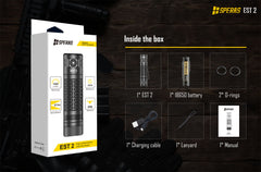 SPERAS EST 2 tactical EDC flashlight packaging and included accessories