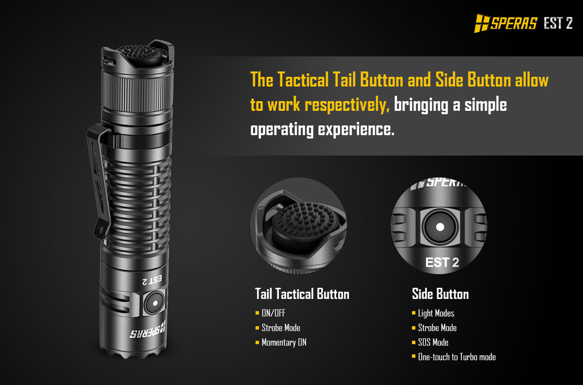 SPERAS EST 2 dual switch interface featuring tactical tail switch and side button for EDC flashlight