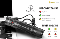 SPERAS EST2 convenient USB-C fast charging port and accurate power indicator for rechargeable tactical flashlight