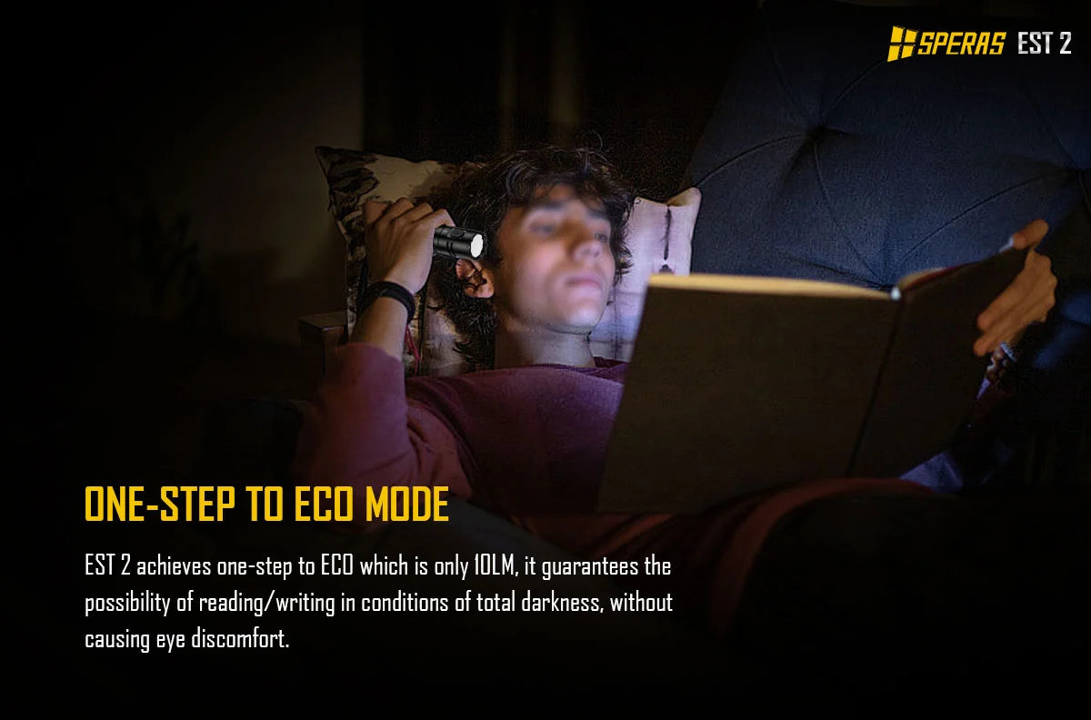 Reading comfortably in the dark with SPERAS EST2 tactical flashlight one-step to ECO 10 lumens stealth mode