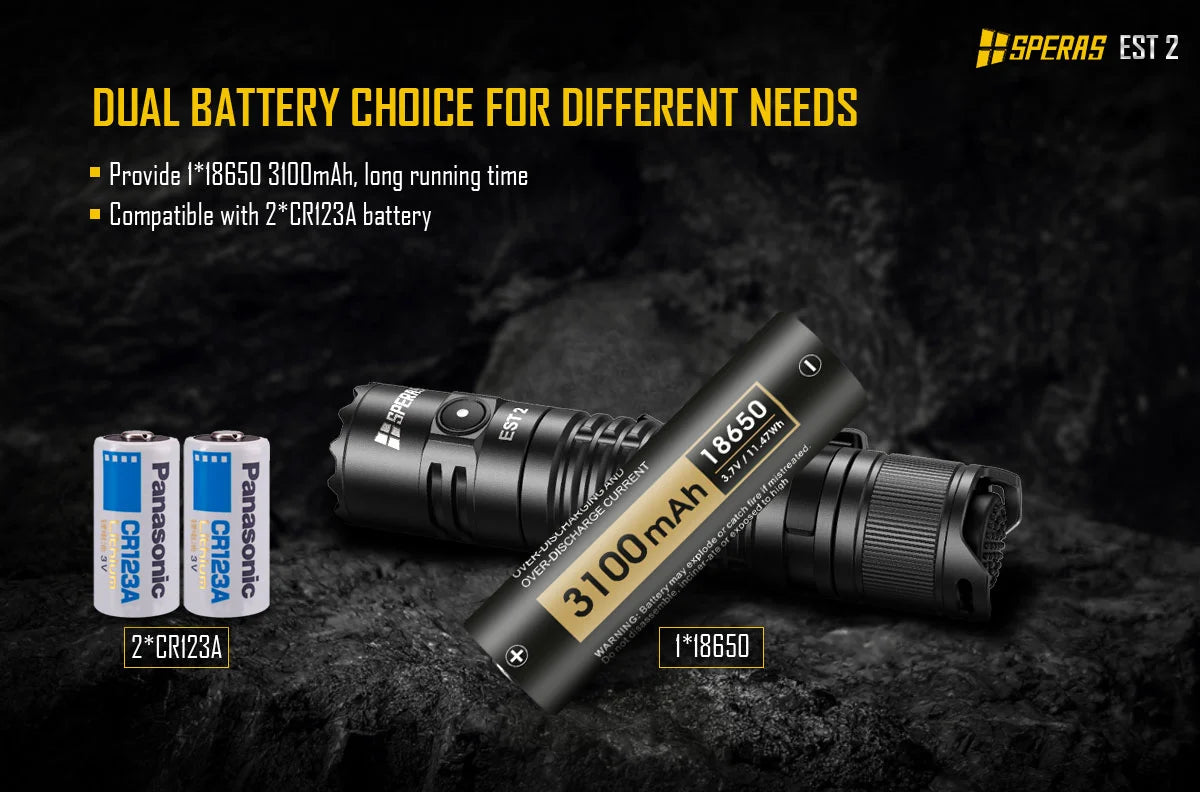 SPERAS EST2 dual battery compatibility supporting 18650 and CR123A batteries for tactical flashlights