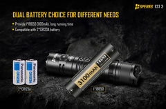 SPERAS EST2 dual battery compatibility supporting 18650 and CR123A batteries for tactical flashlights