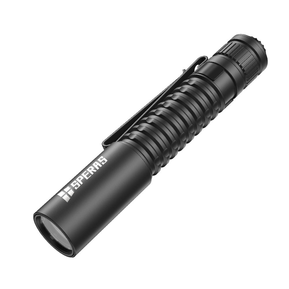 Front angle of SPERAS EST MIC highlighting the PMMA lens designed for a crisp 700lm beam