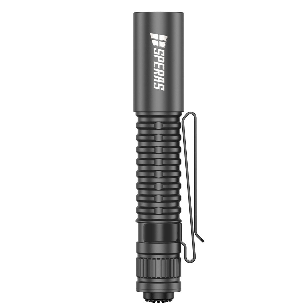 Straight vertical profile of the SPERAS EST MIC 700 lumen pocket EDC flashlight