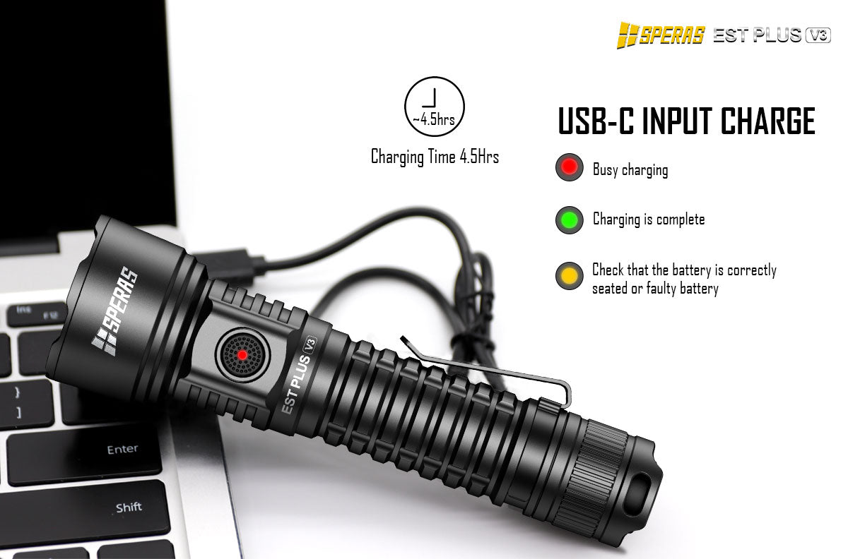 USB-C fast charging port and 5000mAh battery for SPERAS EST PLUS V3 tactical light