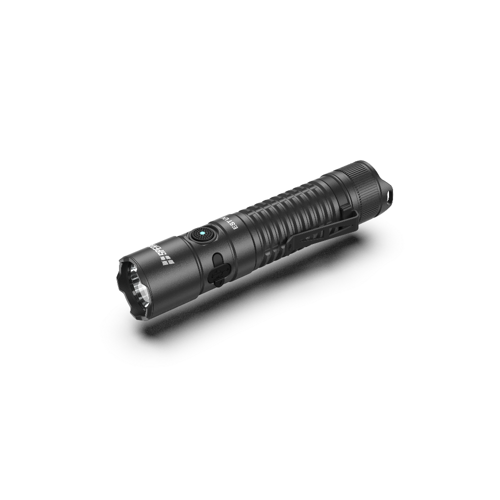 Horizontal view of the SPERAS EST UV dual light flashlight showing the main white light reflector and LED