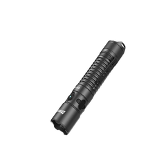 Bottom-up angled view of the SPERAS EST UV tactical flashlight showing the strike bezel and rugged body