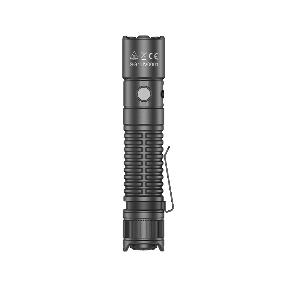 Back view of the SPERAS EST UV tactical light showing the 5W 365nm UV lens and black glass filter