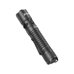 Angled perspective of the SPERAS EST UV flashlight emphasizing the pocket clip and UV lens placement