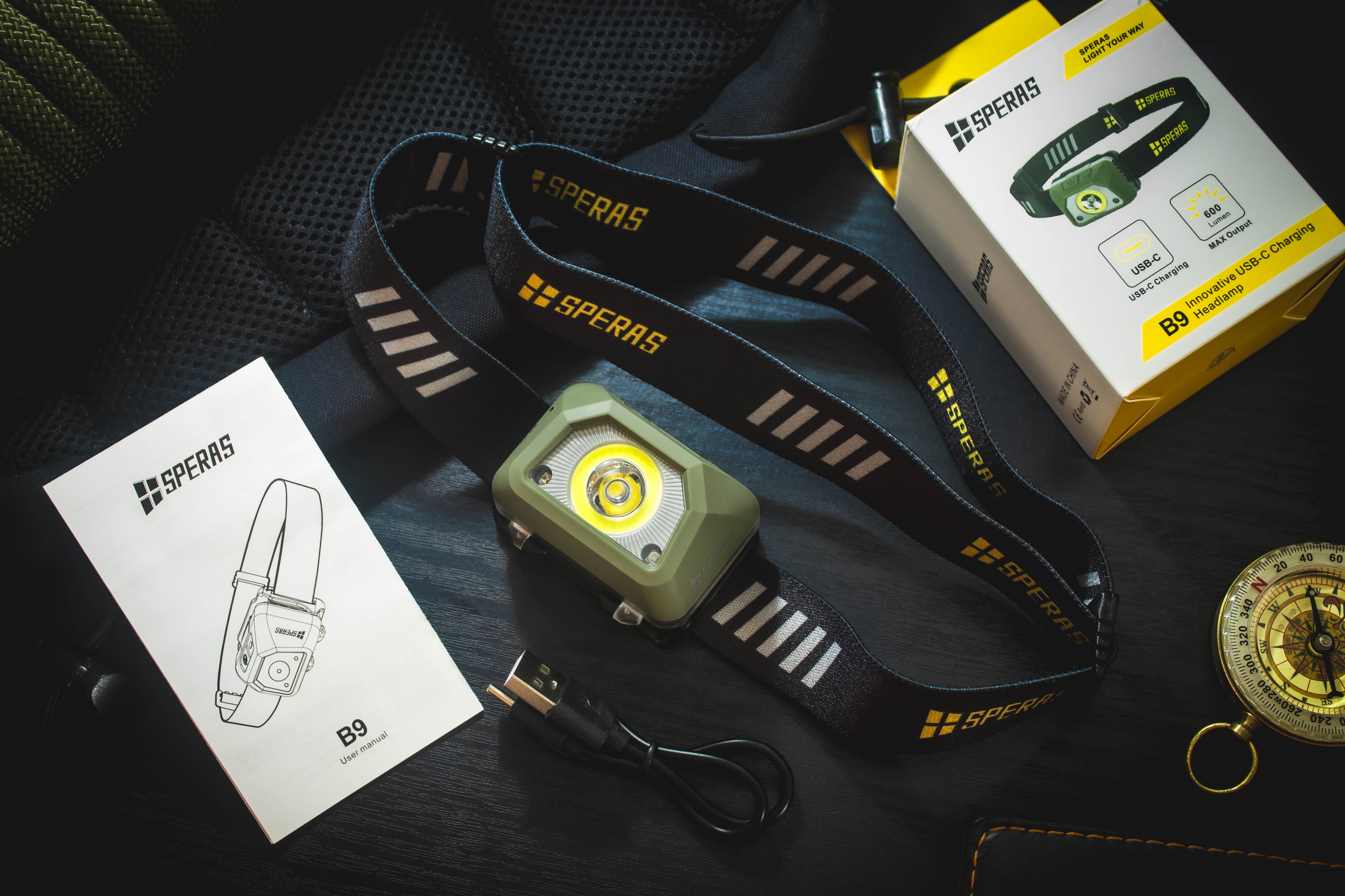 SPERAS B9 ultralight 600-lumen rechargeable headlamp complete retail packaging and box contents