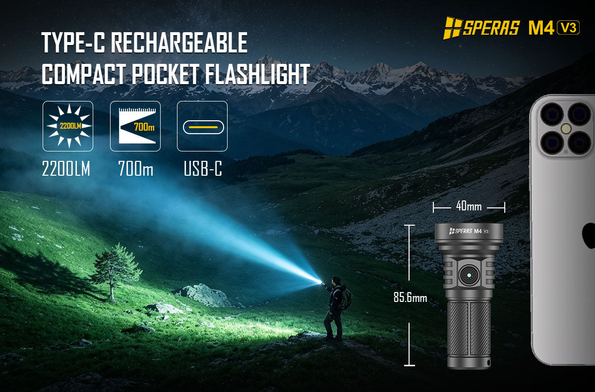 SPERAS M4 V3 compact tactical flashlight size comparison and 700m throw for security