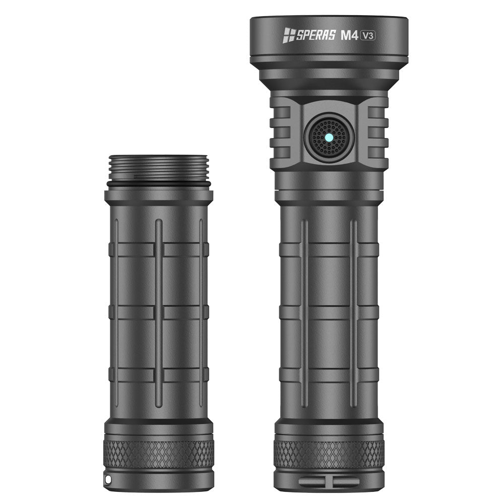 SPERAS M4 V3 Compact Type-C Rechargeable EDC Flashlight displayed alongside the TB217 extension tube for 21700 battery compatibility.