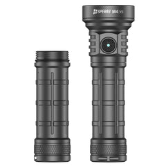SPERAS M4 V3 Compact Type-C Rechargeable EDC Flashlight displayed alongside the TB217 extension tube for 21700 battery compatibility.