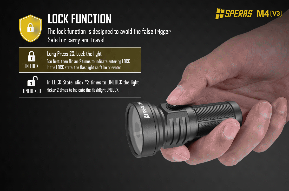 Electronic lock function of the SPERAS M4 V3 tactical rechargeable flashlight