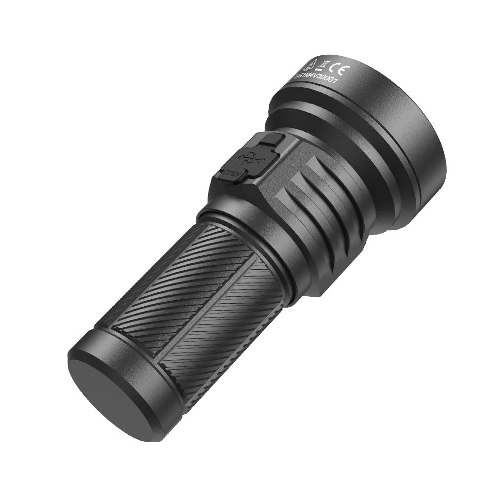 Bottom-up view of the SPERAS M4 V3 Rechargeable EDC Flashlight, emphasizing the flat magnetic tail cap designed for hands-free utility.