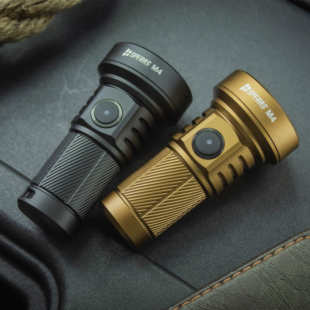 SPERAS M4 pocket-sized EDC flashlights side-by-side, showcasing black and desert tan color options