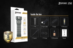 SPERAS P4 box contents including 21700 battery holster and power bank OTG converter