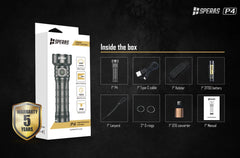 SPERAS P4 box contents including 21700 battery holster and power bank OTG converter