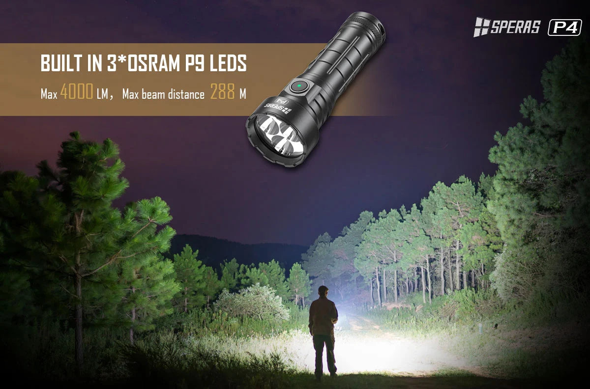 SPERAS P4 equipped with 3 OSRAM LEDs reaching 4000 lumens high output tactical flashlight