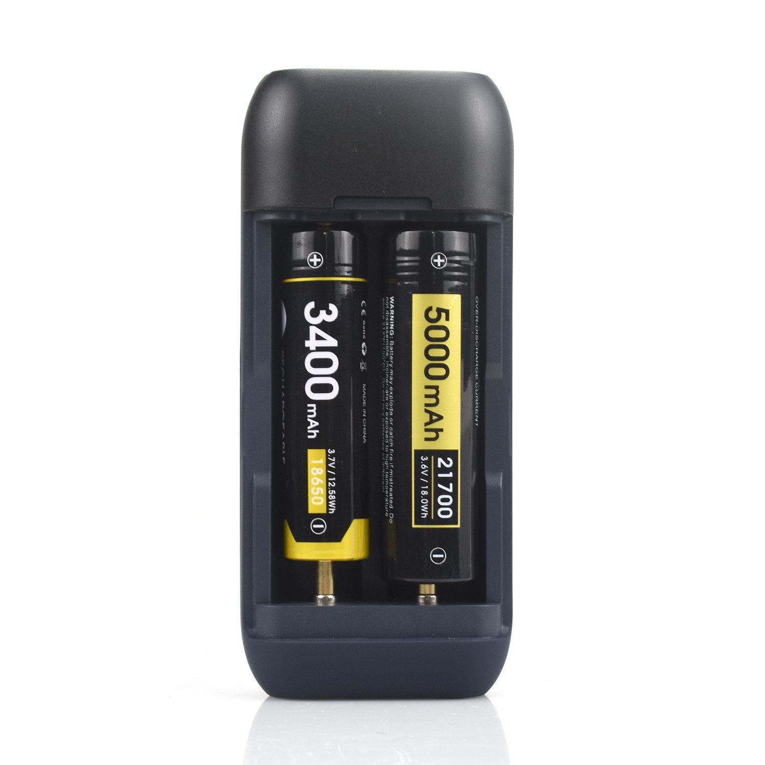 SPERAS PD21700 dual-slot charger loaded with 21700 and 18650 batteries showing independent charging