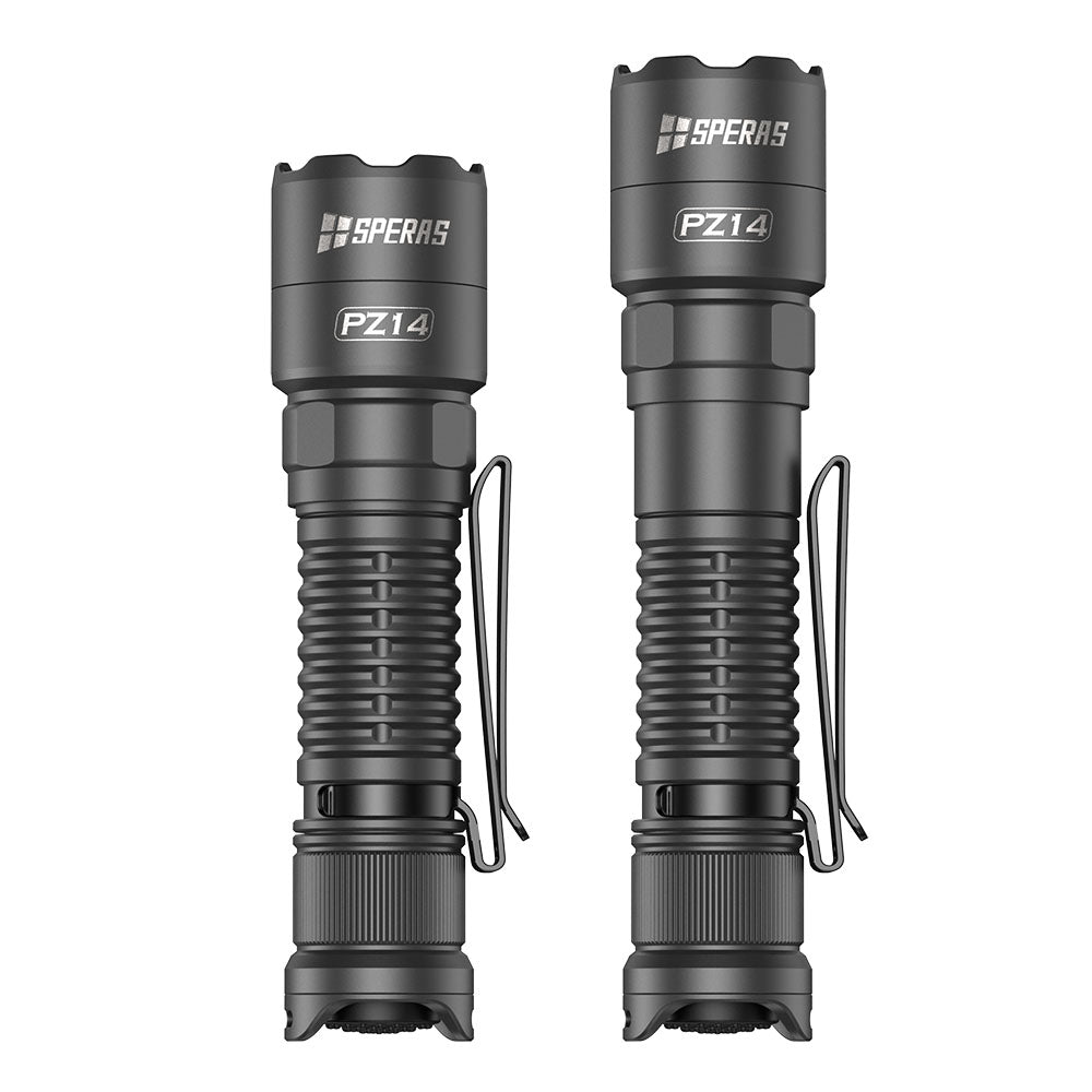 SPERAS PZ14 adjustable zoom system comparison showing flood to spot beam head extension