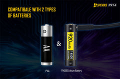 SPERAS PZ14 dual battery compatibility showing 14500 rechargeable lithium and standard AA battery support