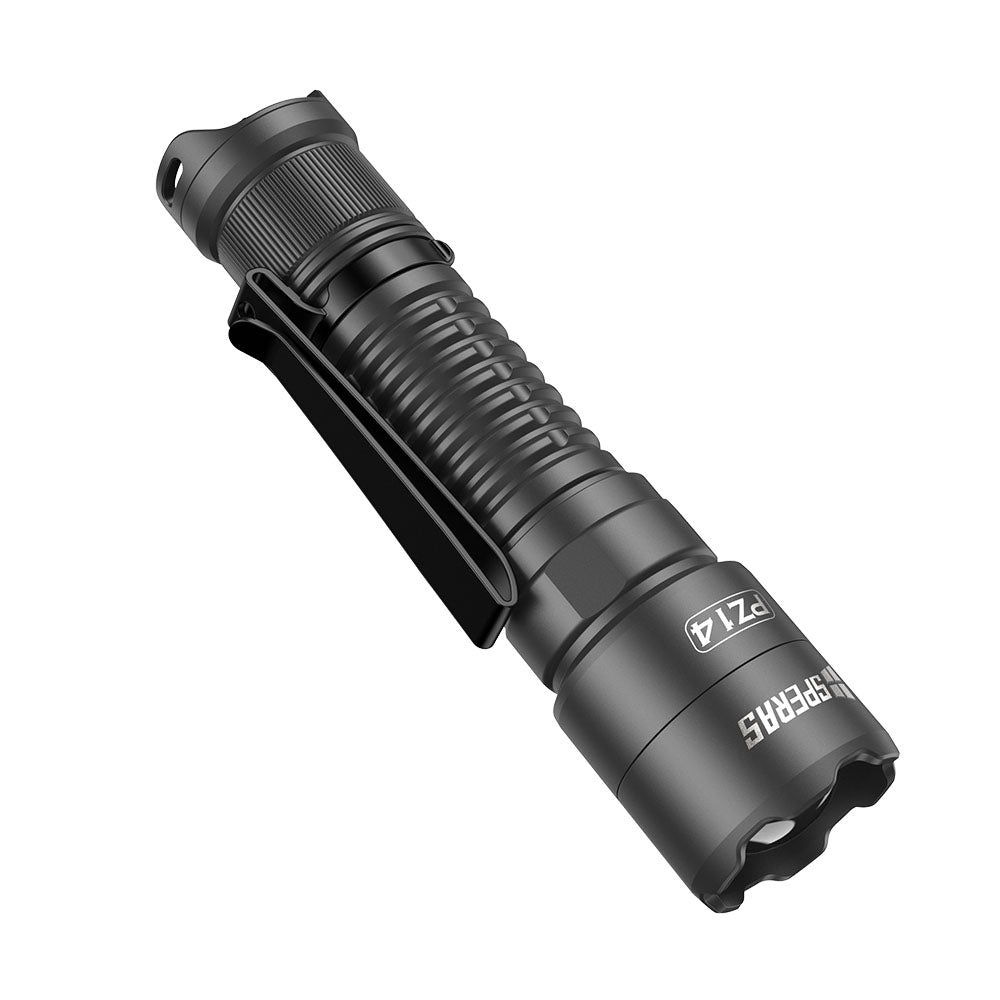 Rear angled view of the SPERAS PZ14 compact tactical flashlight