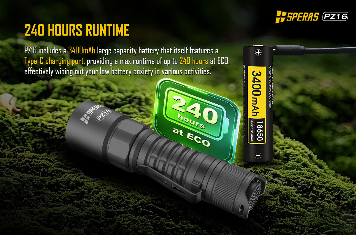 SPERAS PZ16 powered by an 18650 lithium battery delivering 240 hours of runtime