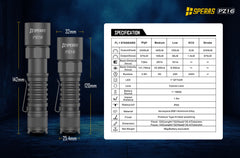 SPERAS PZ16 technical specifications, dimensions, and FL1 standard lumen output chart