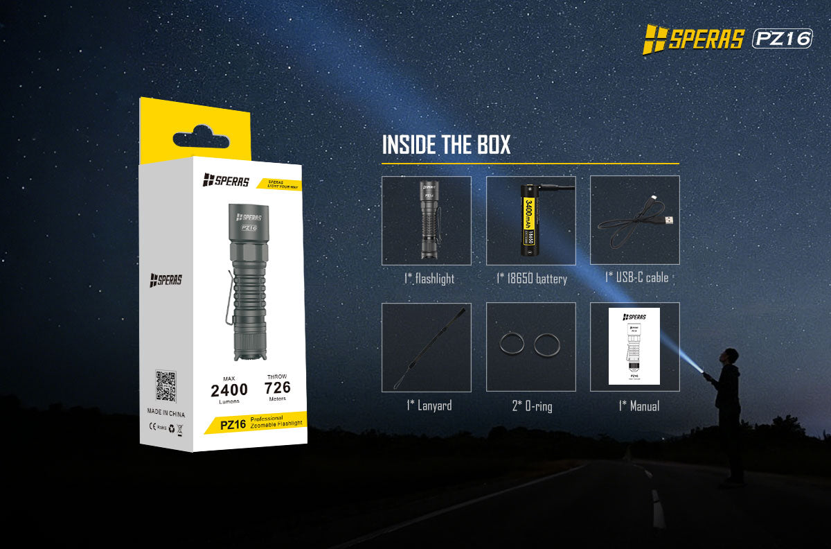 SPERAS PZ16 retail box contents including flashlight, 18650 battery, usb-c cable, lanyard, o-rings, and manual