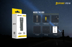 SPERAS PZ16 retail box contents including flashlight, 18650 battery, usb-c cable, lanyard, o-rings, and manual