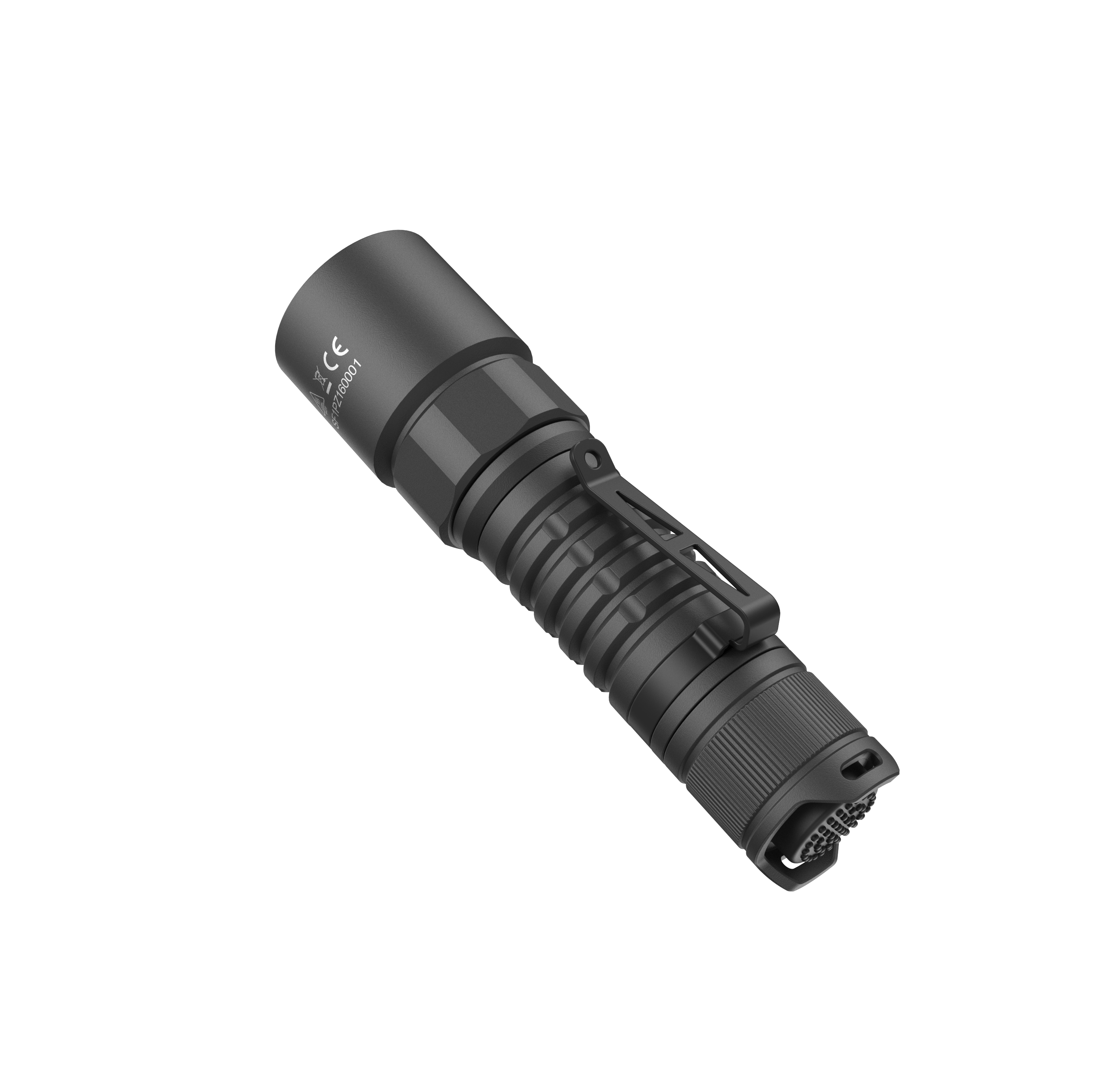 Bottom angled view of the SPERAS PZ16 waterproof tactical torch, featuring the rugged anti-slip knurling and tactical tail switch.